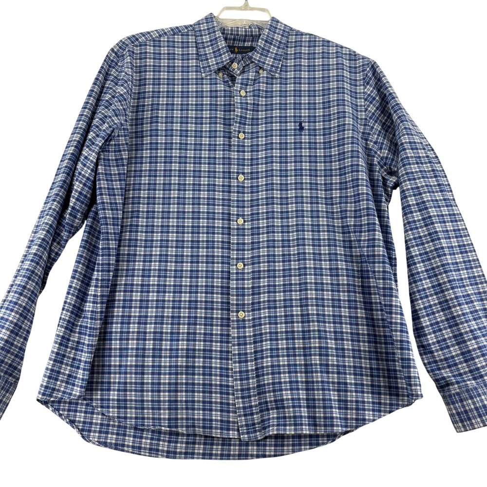 Ralph Lauren Mens Shirt XXL Blue Plaid Button Down Cotton Long Sleeve Pony Logo